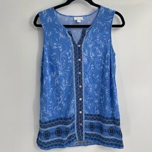 J Jill Women’s Blue Scoop Neck Floral Button Front Sleeveless Split Hem Blouse S